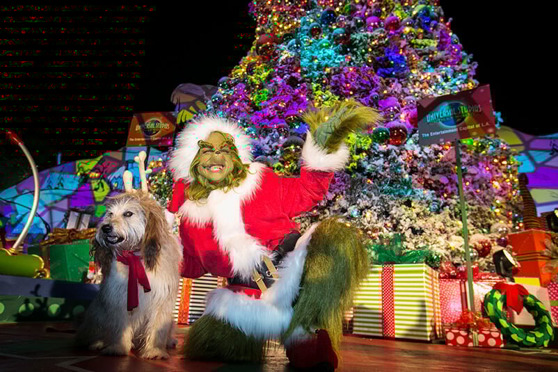 The Grinch and Max in front of the Christmas tree