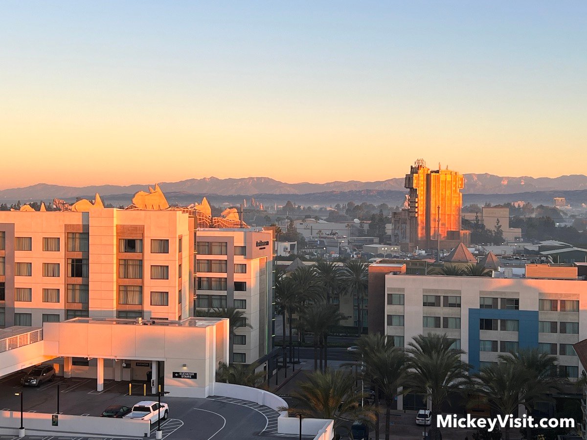 view of hotels near disneyland sunset