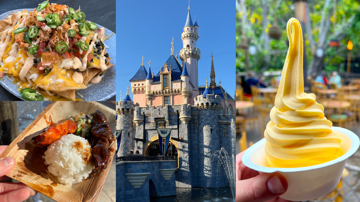 best disneyland restaurants graphic with three diferent restaurants and disneyland castle